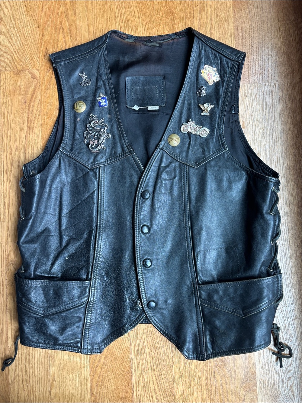 Harley-Davidson Black Leather Vest with Gold & Silver Pins